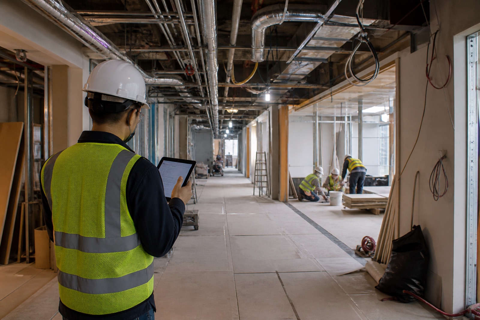 Inspector recording observations inside an active commercial renovation site